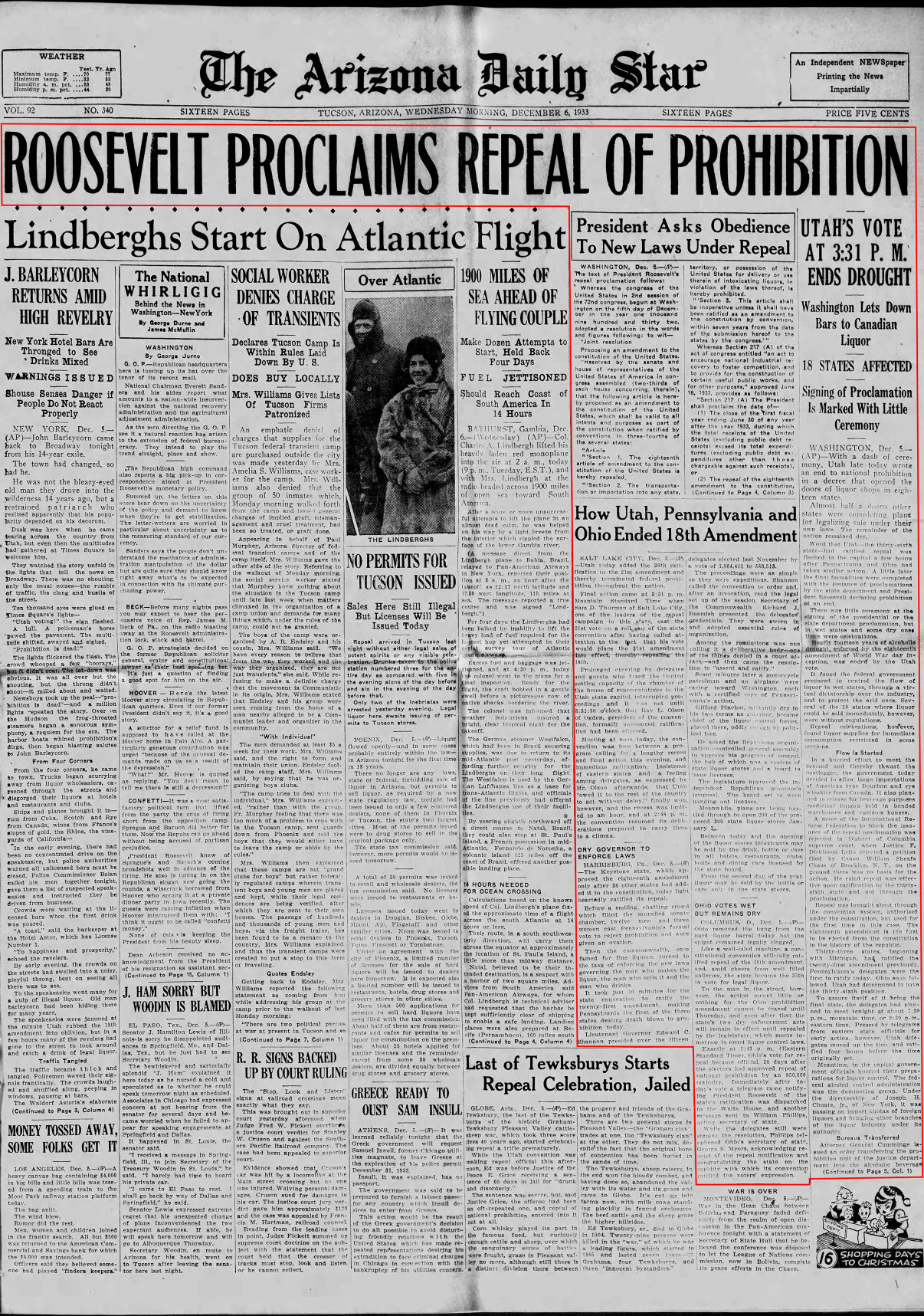 Dec. 6, 1933: Prohibition repealed